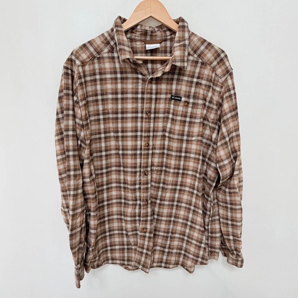 Columbia‎ Plaid Flannel Stretch Button Down Shirt XL Brown Mens Hiking Outdoor